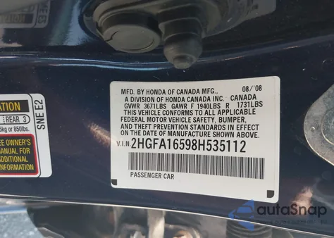 2008 Honda Civic Lx z USA, uszkodzony, nr VIN 2HGFA16598H535112